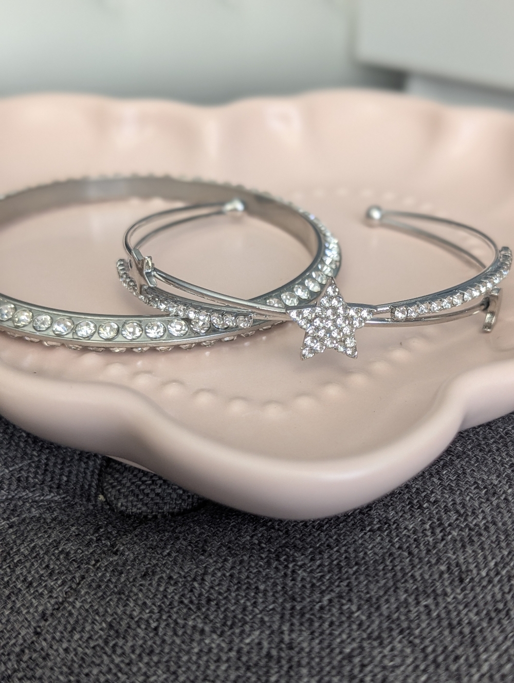 Silver Tone Rhinestone Bracelet Set | Star Accent Bangle Stack | Sparkly Cuff